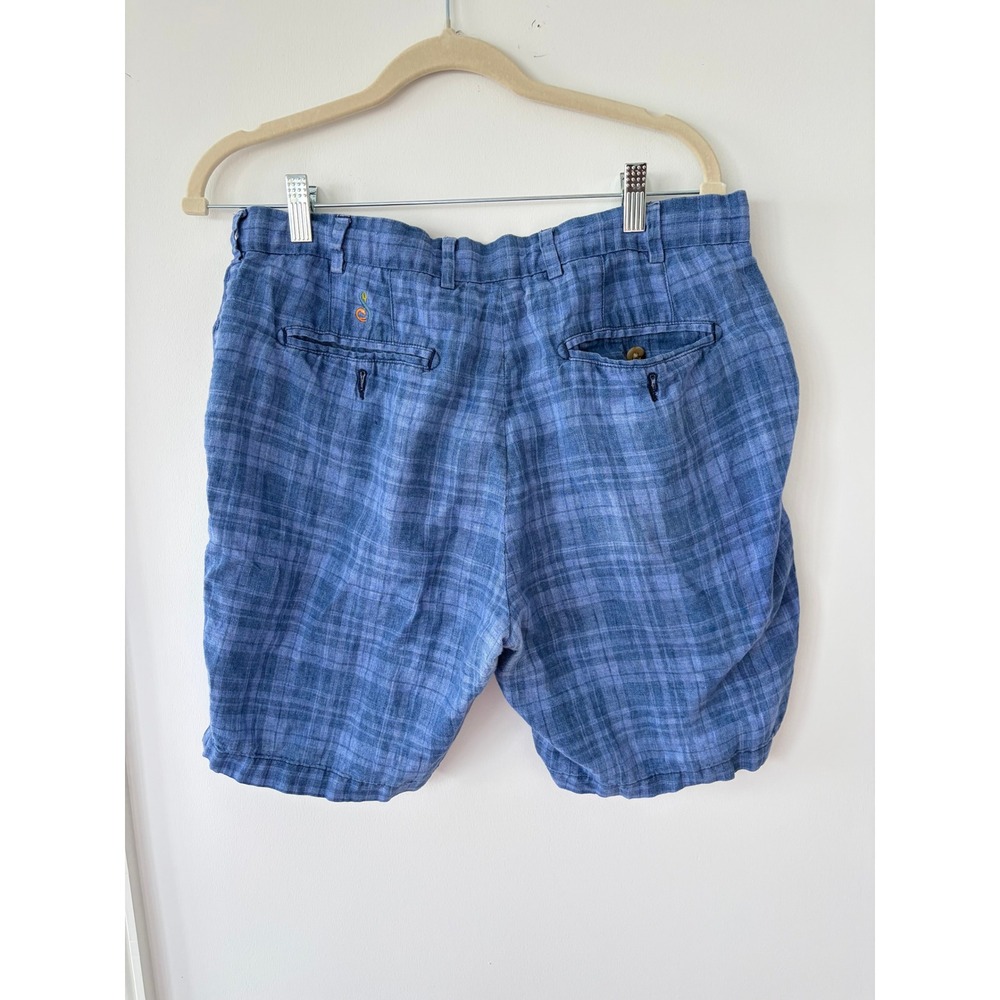 Peter Millar Mens Blue Plaid Linen Blend Flat Front Shorts Size 33 Golf Casual